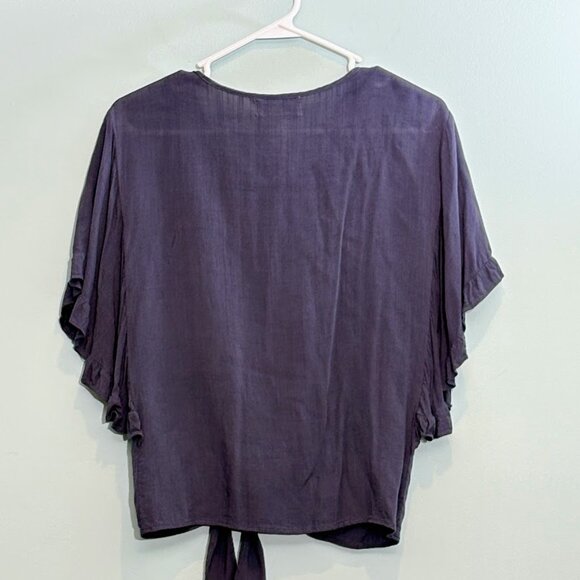 Gray Blue Batwing Sleeve ruffle tie front blouse Mustard Seed M - Picture 2 of 3